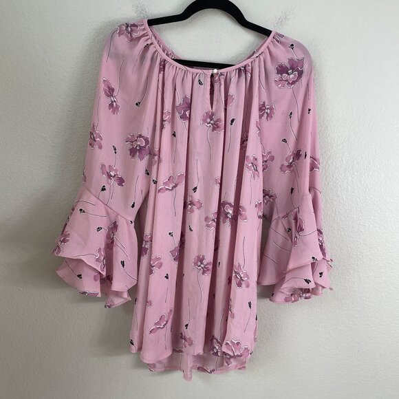 Chaps Womens Plus XXL Pink Boho Floral Blouse 3/4 Bell Sleeves Lightweight Top - Picture 7 of 11